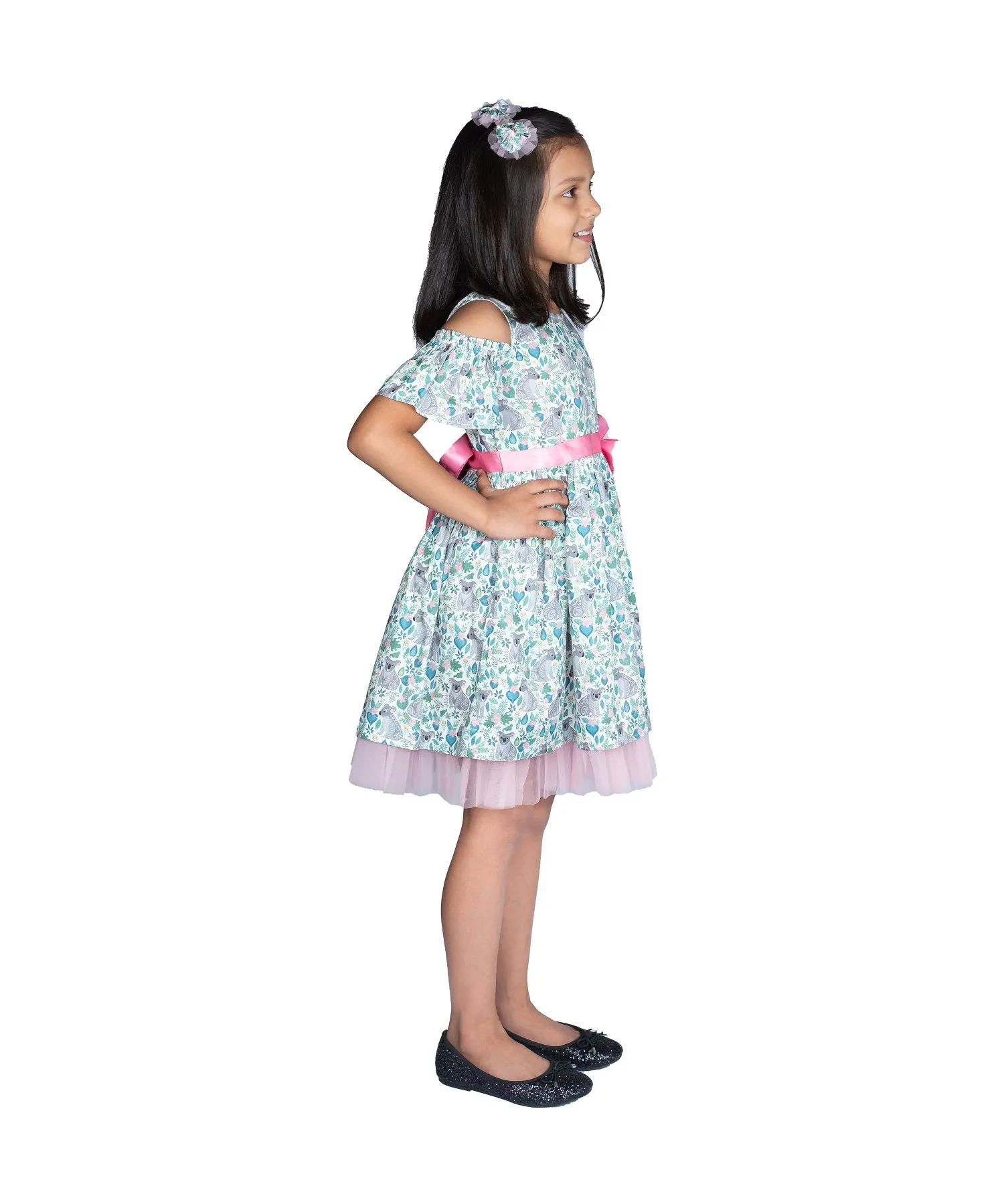 Koala Print  Fit and Flare Dress With  Cold Shoulder Sleeves