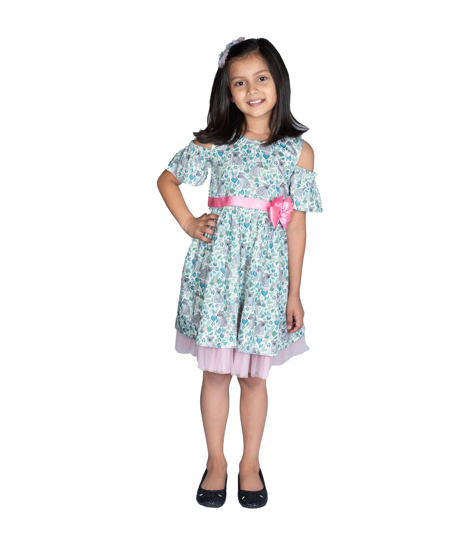 Koala Print  Fit and Flare Dress With  Cold Shoulder Sleeves