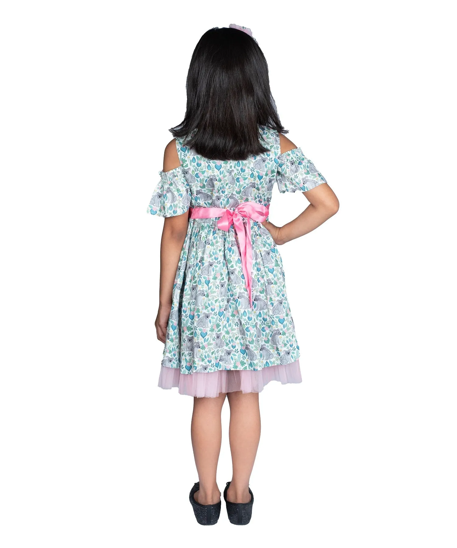 Koala Print  Fit and Flare Dress With  Cold Shoulder Sleeves