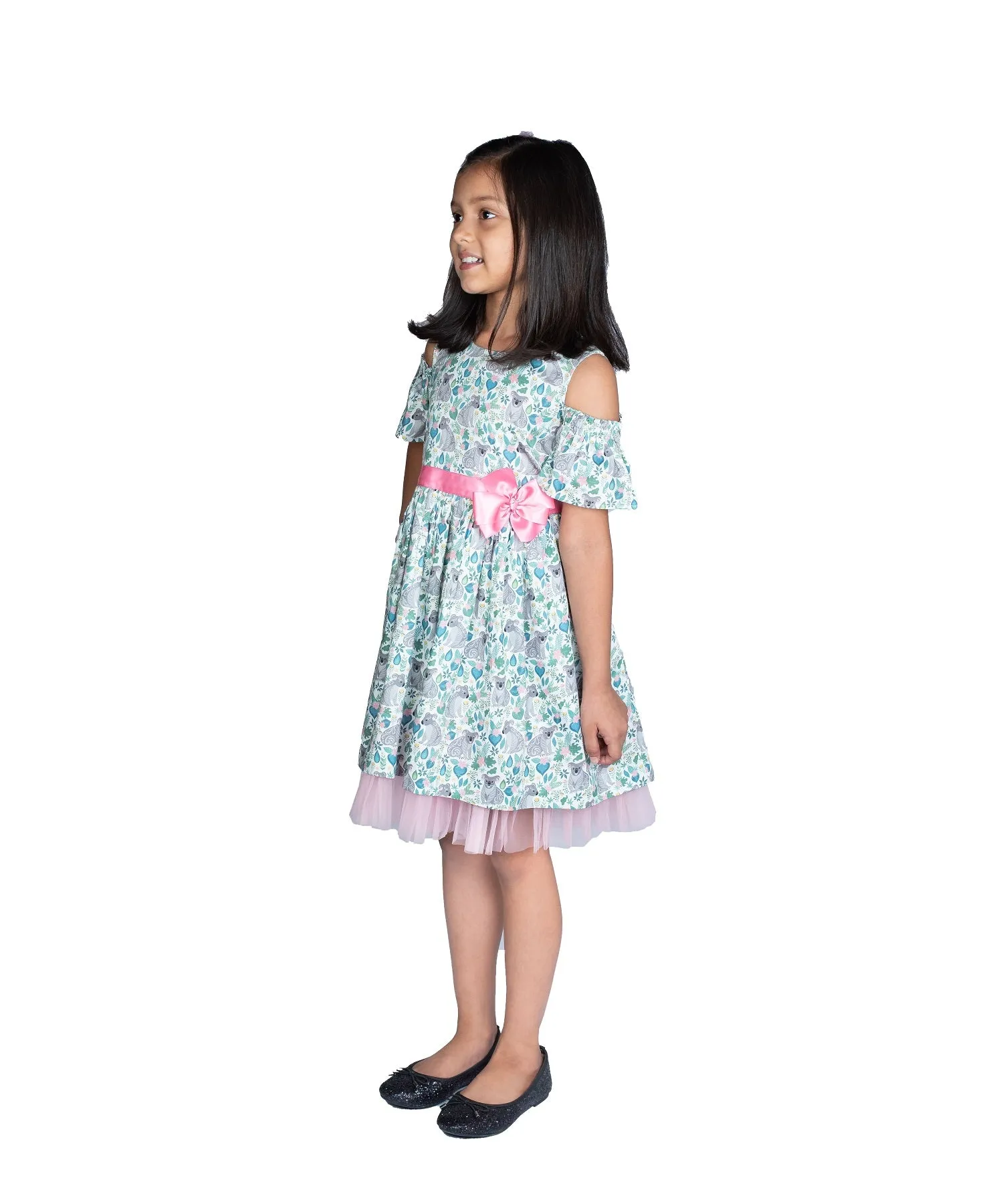 Koala Print  Fit and Flare Dress With  Cold Shoulder Sleeves