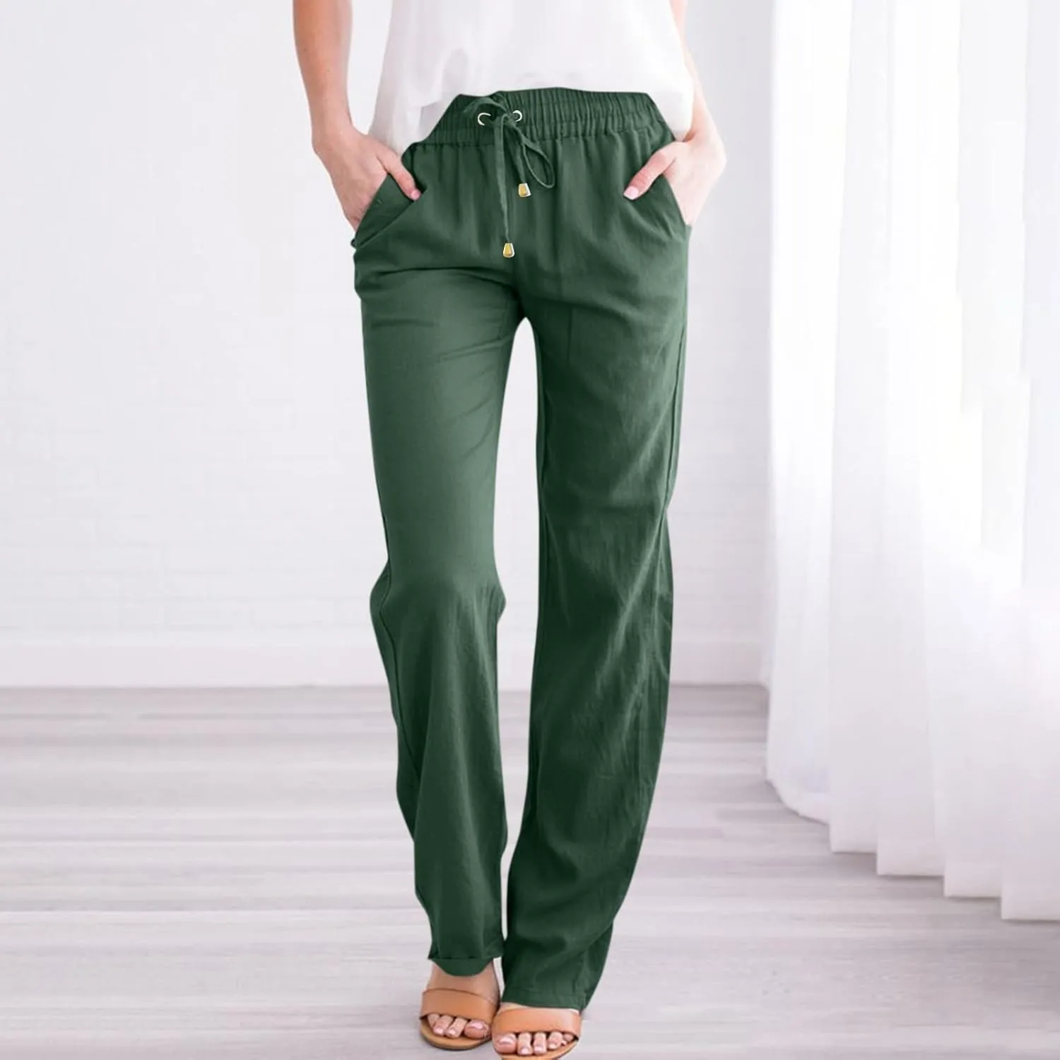 Linen Pants Women Lightweight Drawstring High Waisted Pull On Pants with Pockets Summer Boho Straight Leg Work Pants