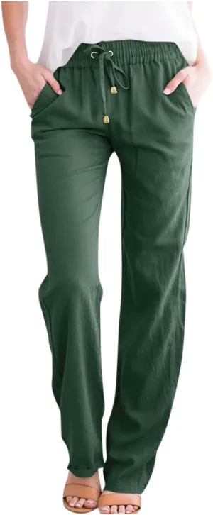 Linen Pants Women Lightweight Drawstring High Waisted Pull On Pants with Pockets Summer Boho Straight Leg Work Pants
