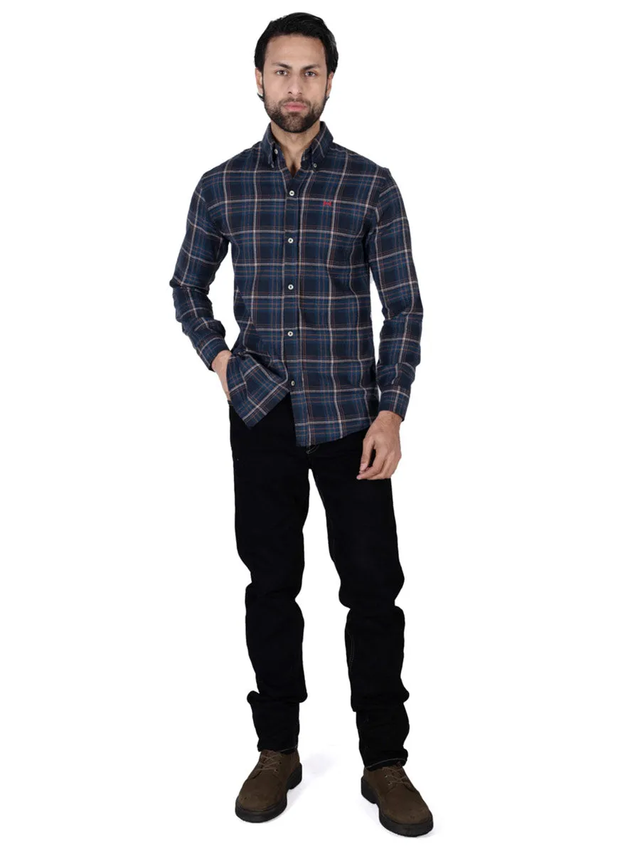 Men Blue Plaid Flannel Button Down Shirt