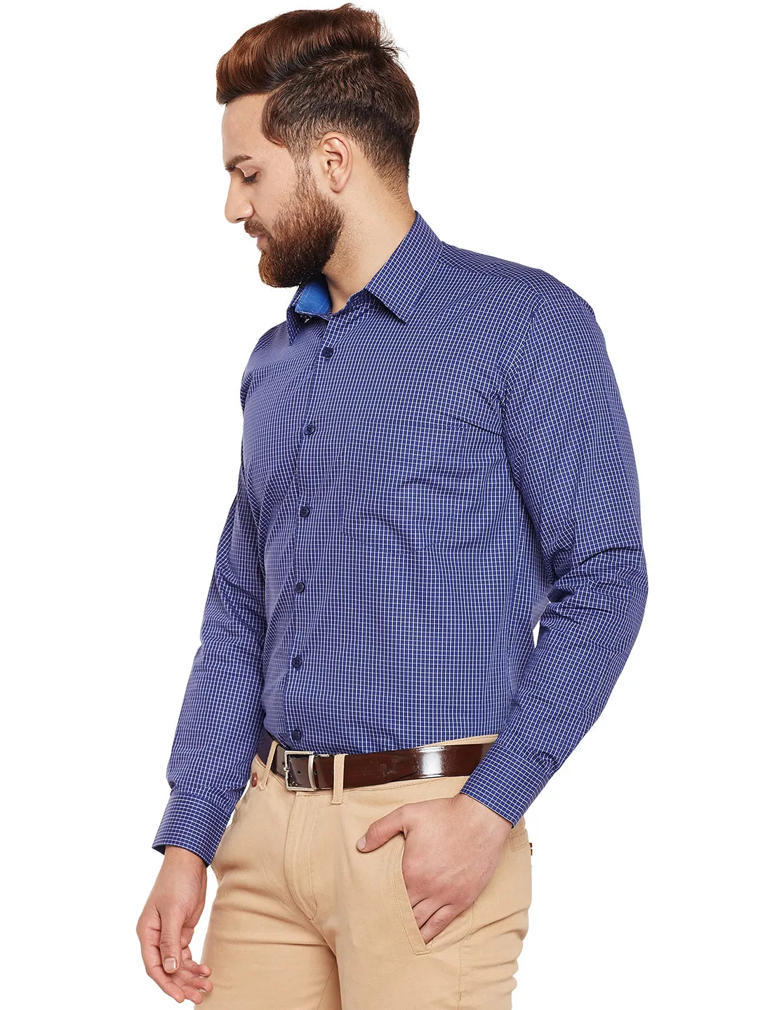 Men Navy Checked Pure Cotton Slim Fit Formal Shirt