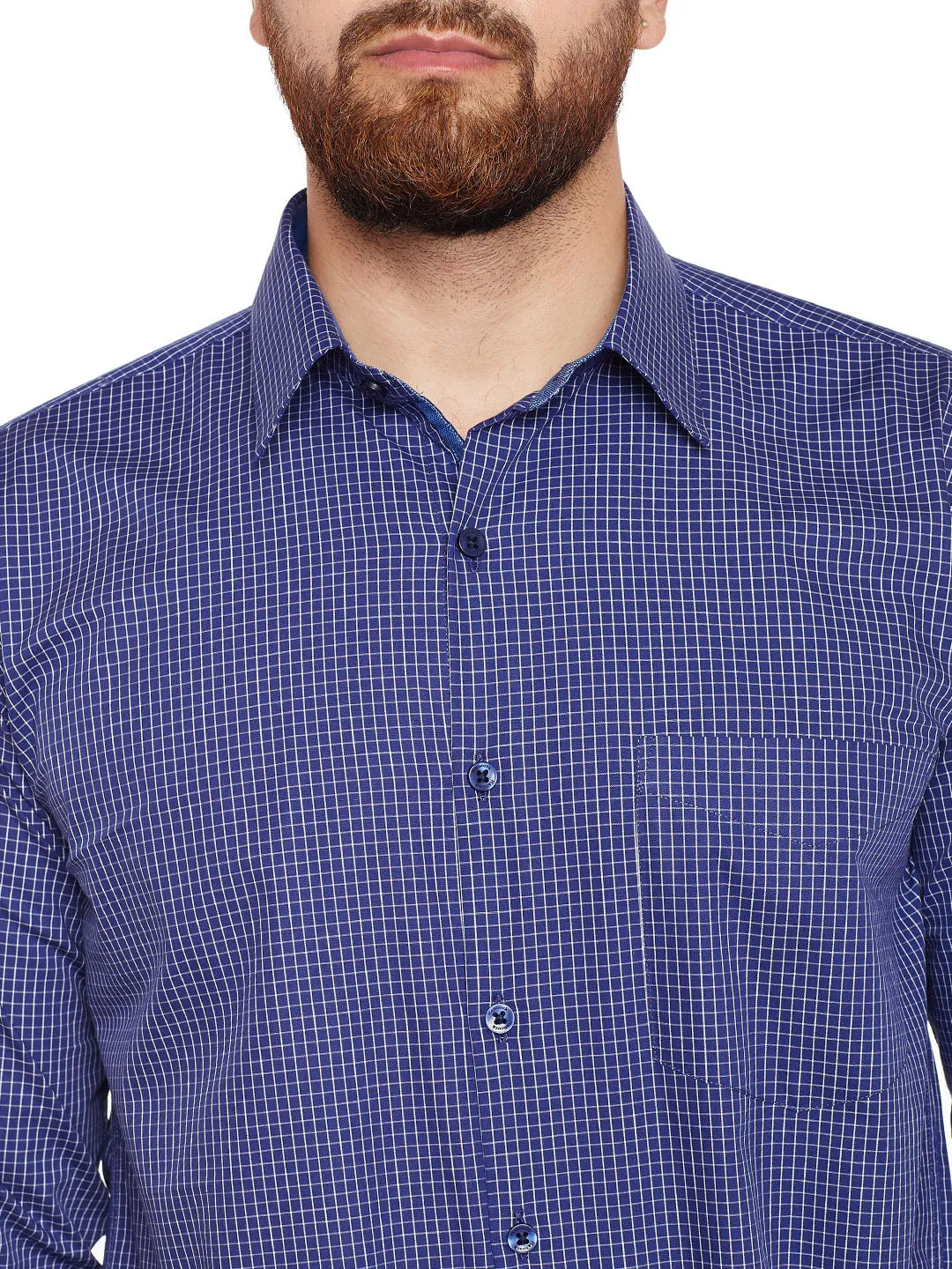 Men Navy Checked Pure Cotton Slim Fit Formal Shirt