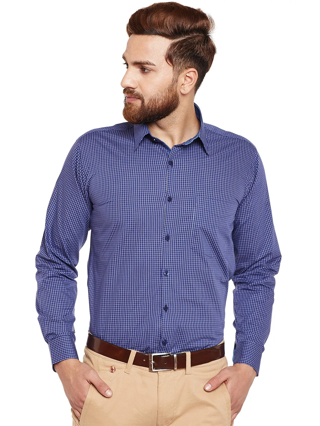 Men Navy Checked Pure Cotton Slim Fit Formal Shirt