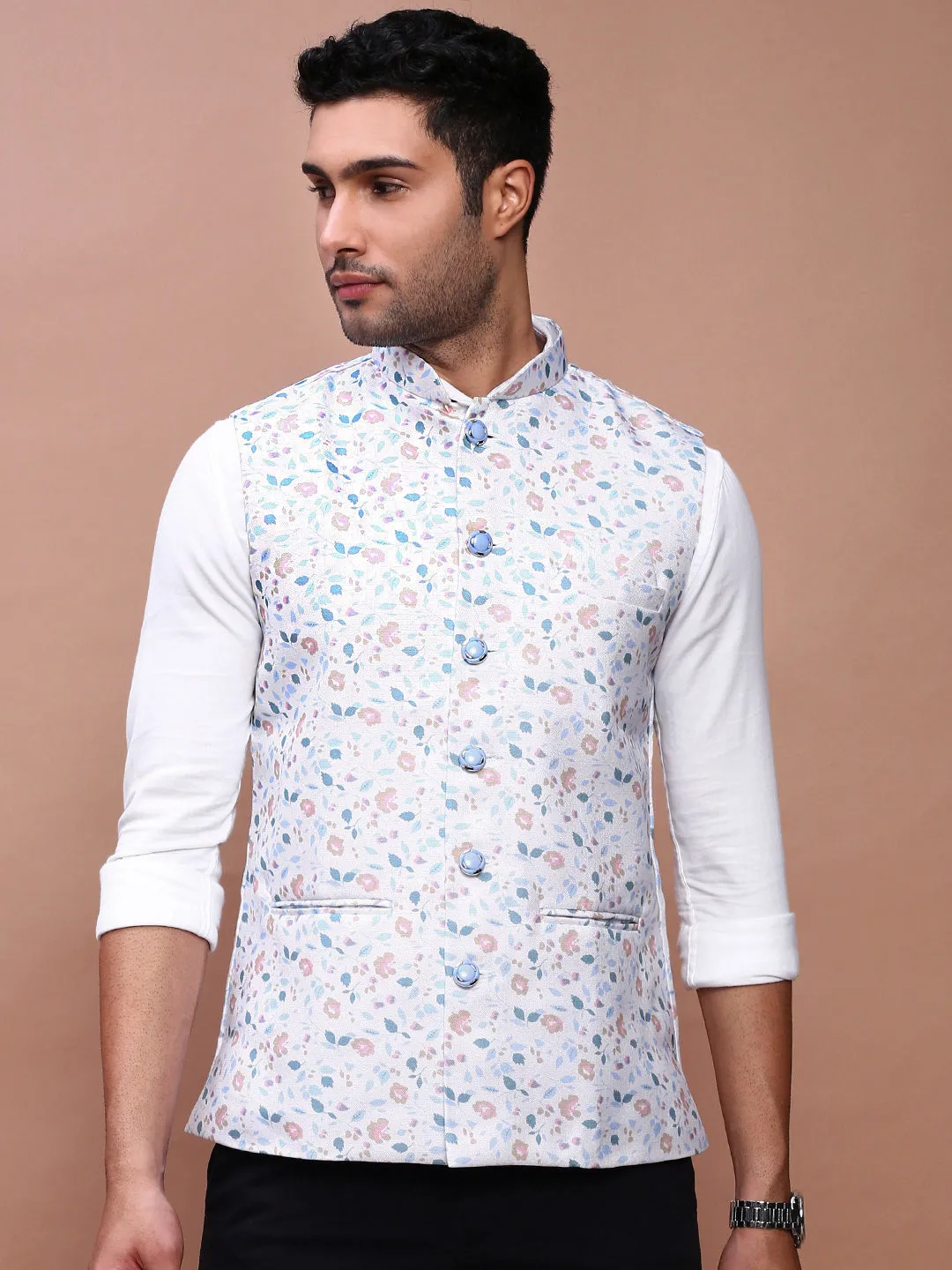 Men Off White Printed Woven Slim-fit Nehru Jackets