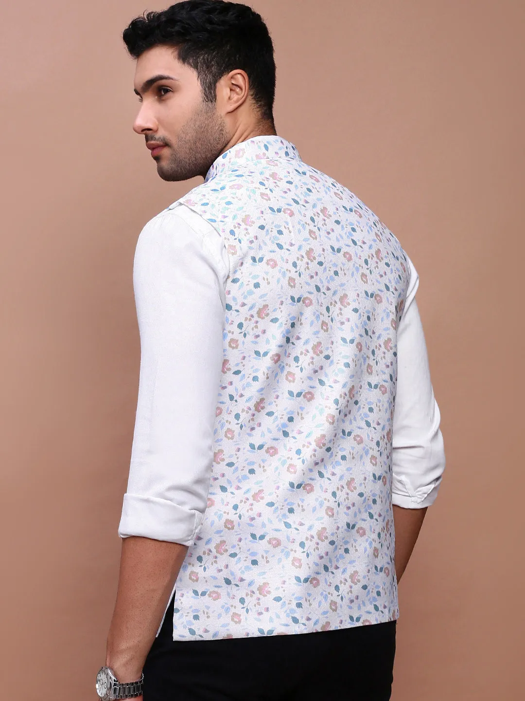 Men Off White Printed Woven Slim-fit Nehru Jackets