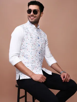 Men Off White Printed Woven Slim-fit Nehru Jackets