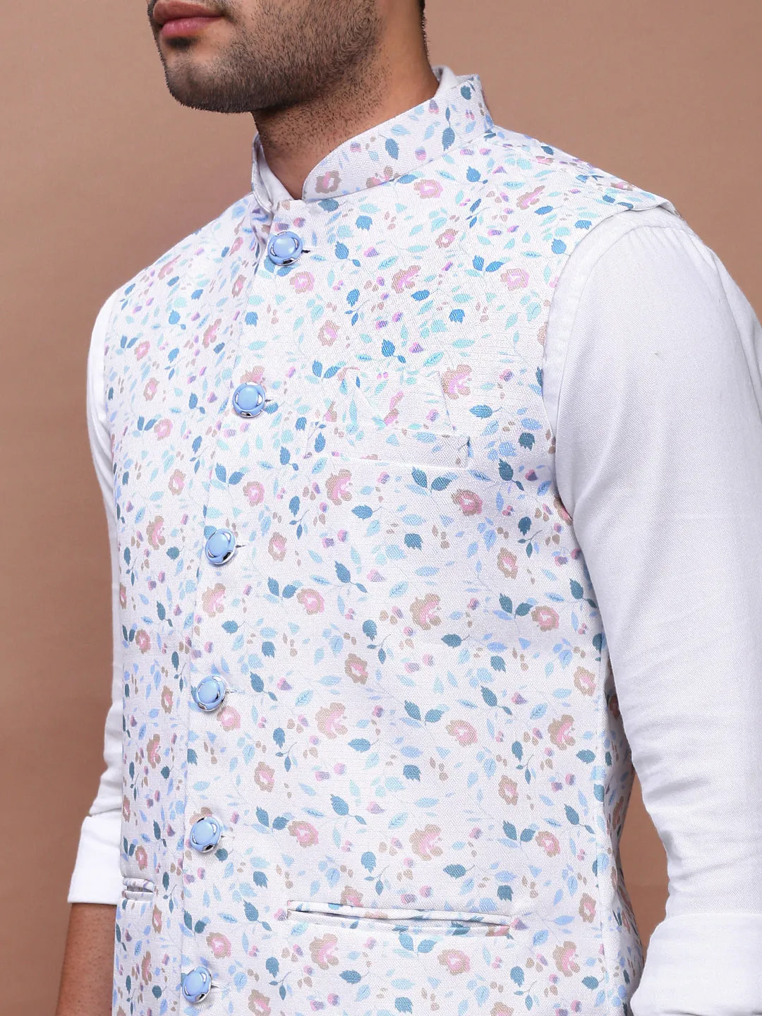 Men Off White Printed Woven Slim-fit Nehru Jackets