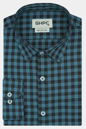Men's 100% Cotton Gingham Checkered Full Sleeves Shirt (Sky Blue)