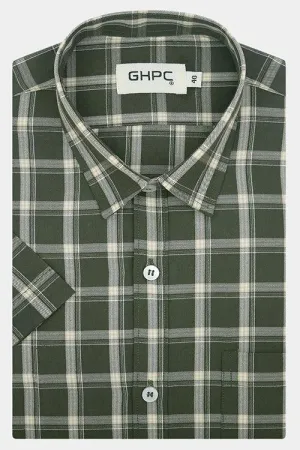 Men's 100% Cotton Tartan Checkered Half Sleeves Shirt (Olive)