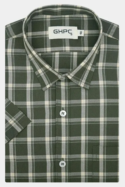 Men's 100% Cotton Tartan Checkered Half Sleeves Shirt (Olive)