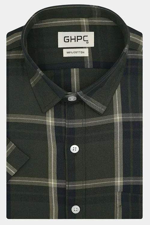 Men's 100% Cotton Windowpane Checks Half Sleeves Shirt (Olive)