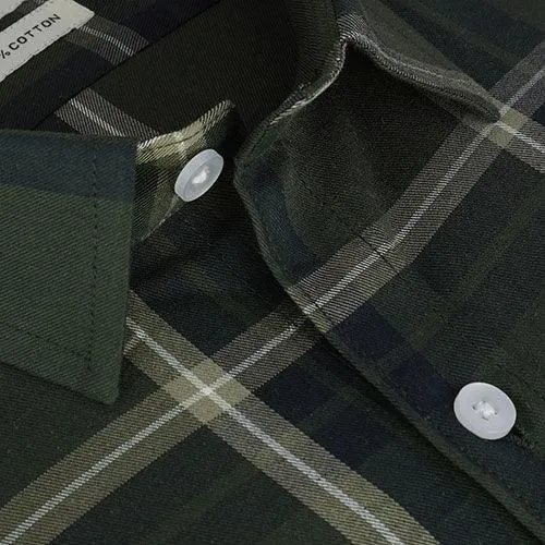 Men's 100% Cotton Windowpane Checks Half Sleeves Shirt (Olive)