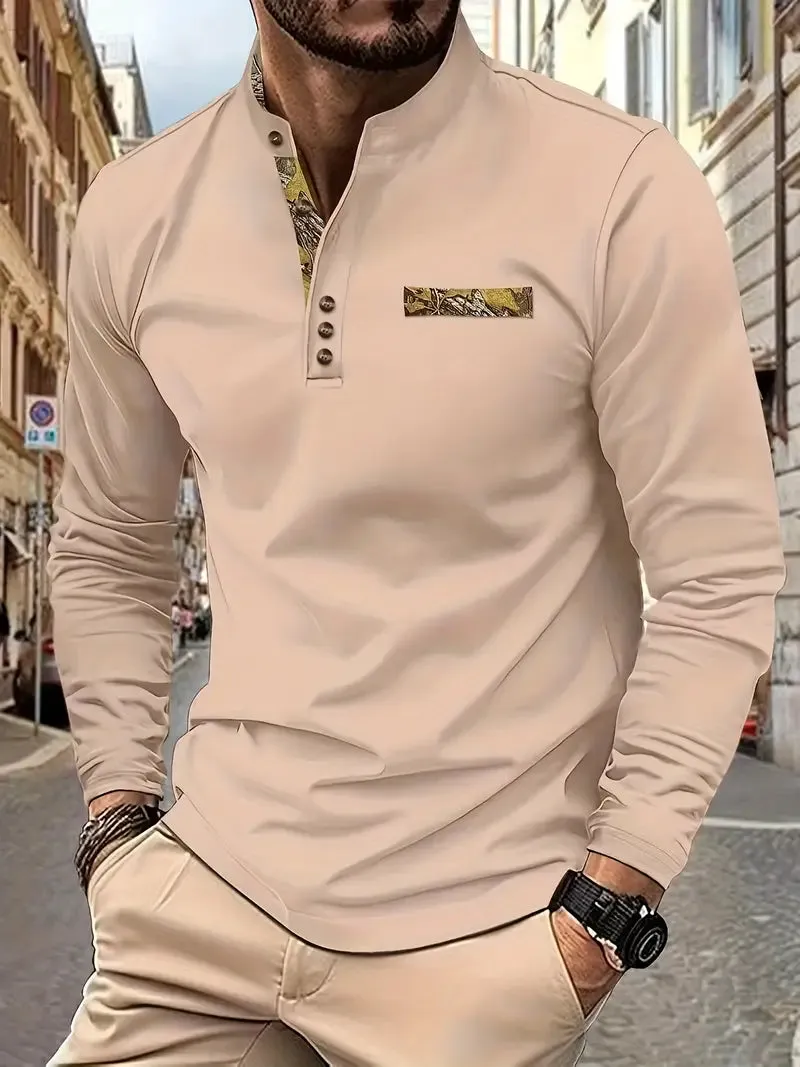 Men's Casual Henley Shirt - Stand Collar, Long Sleeve, Button Detail, Stretch Fabric