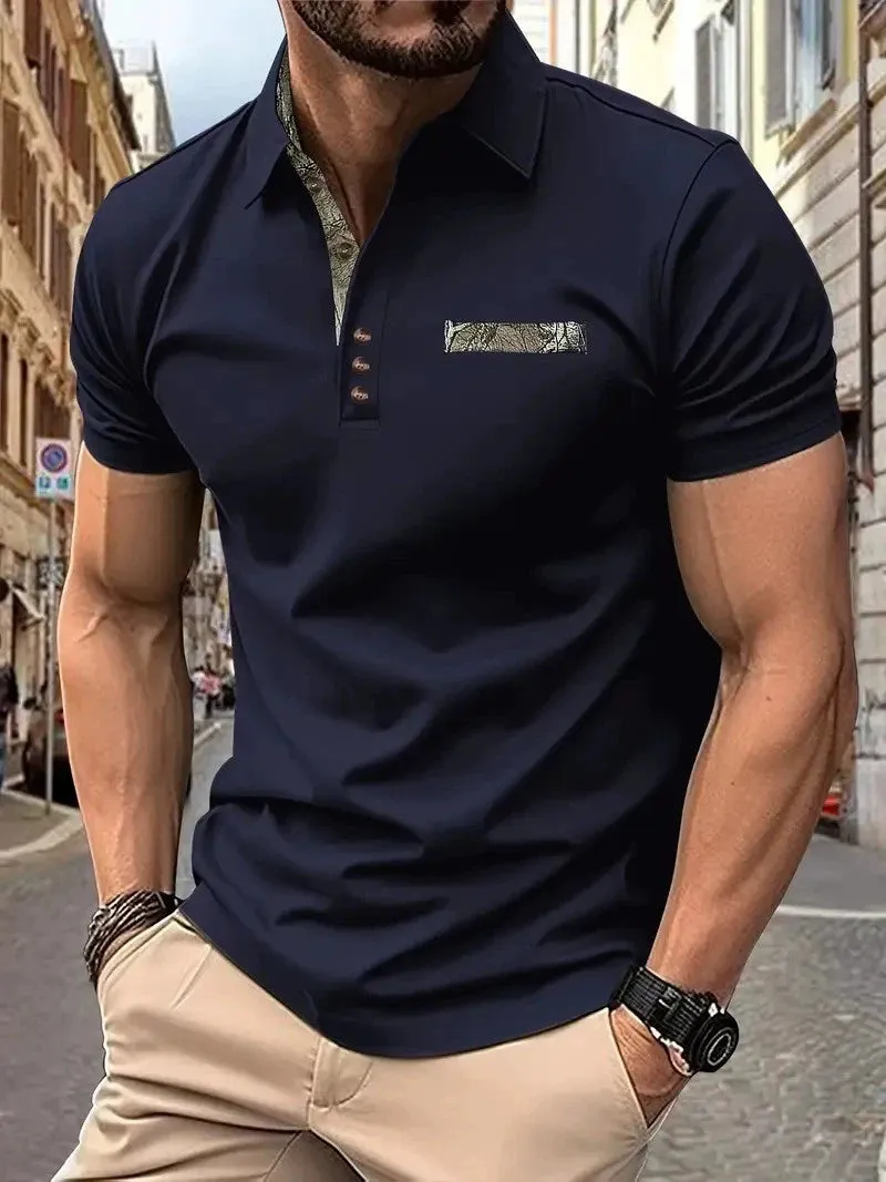 Men's Casual Henley Shirt - Stand Collar, Long Sleeve, Button Detail, Stretch Fabric