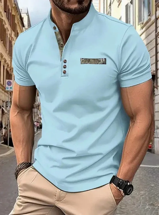 Men's Casual Henley Shirt - Stand Collar, Long Sleeve, Button Detail, Stretch Fabric