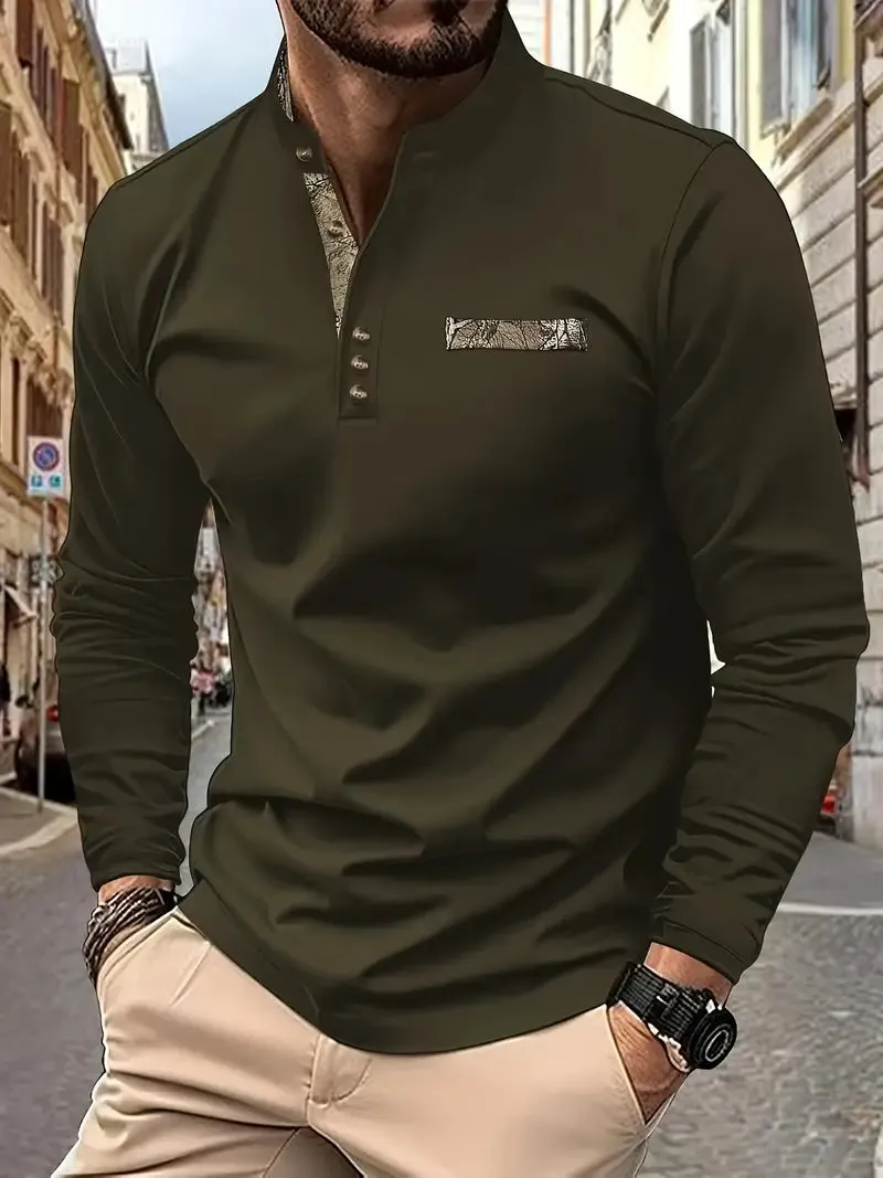 Men's Casual Henley Shirt - Stand Collar, Long Sleeve, Button Detail, Stretch Fabric
