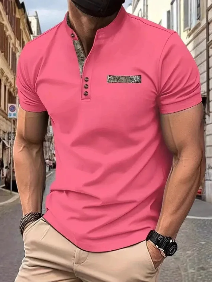 Men's Casual Henley Shirt - Stand Collar, Long Sleeve, Button Detail, Stretch Fabric
