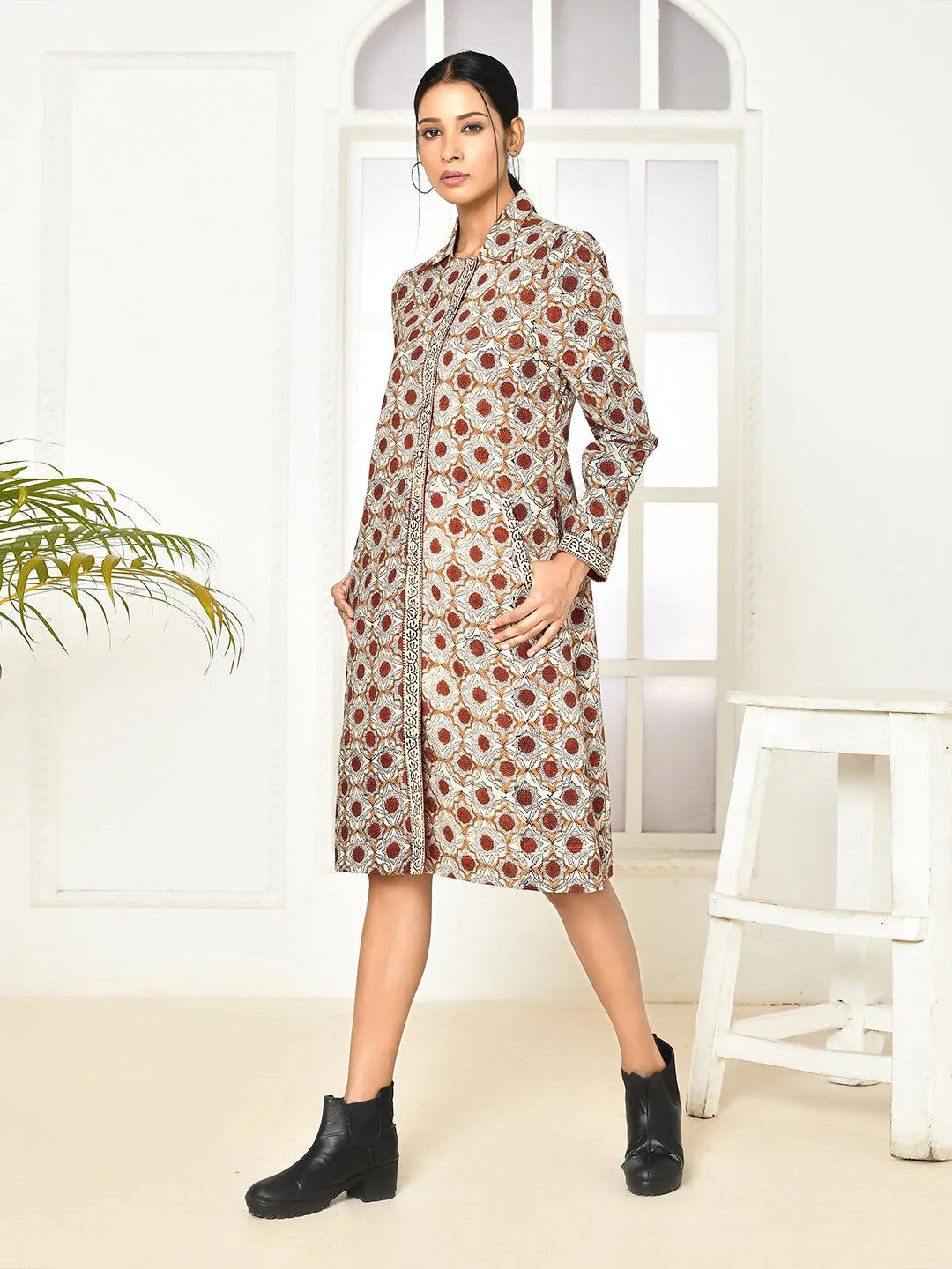 Mia Pure Cotton Dabu Printed Women's Long Jacket