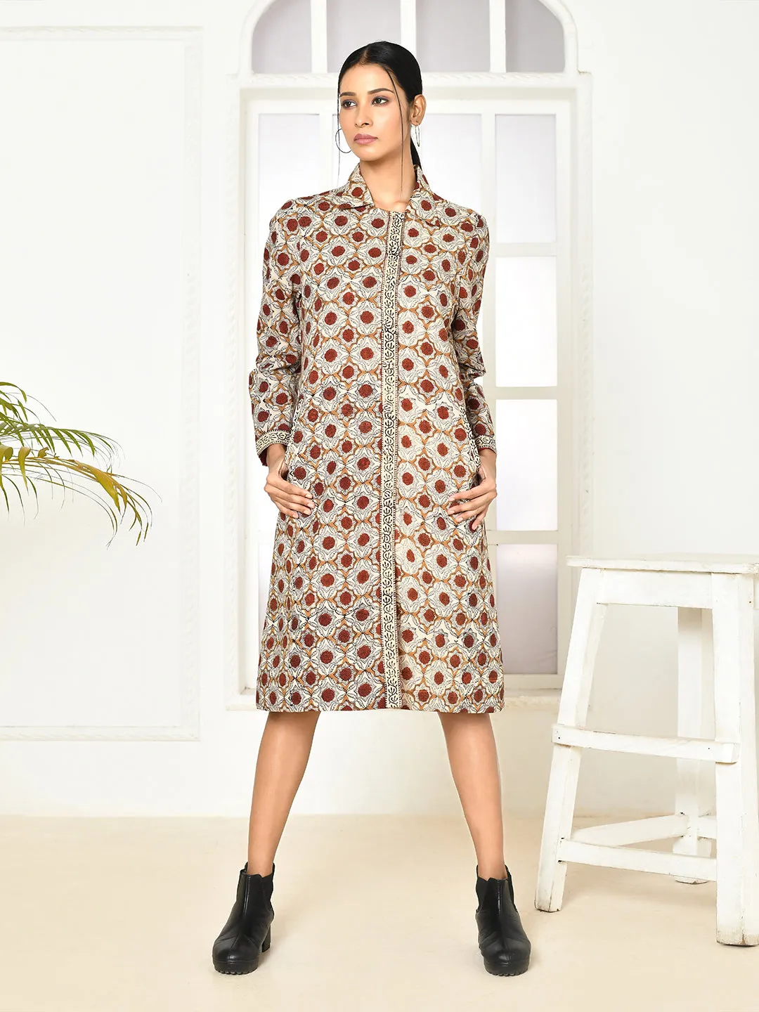 Mia Pure Cotton Dabu Printed Women's Long Jacket