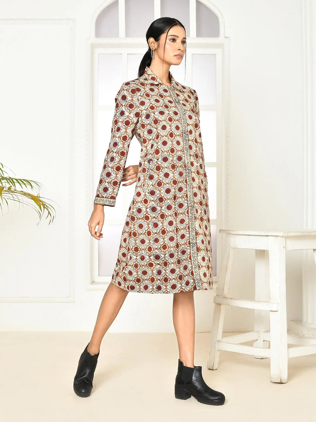 Mia Pure Cotton Dabu Printed Women's Long Jacket