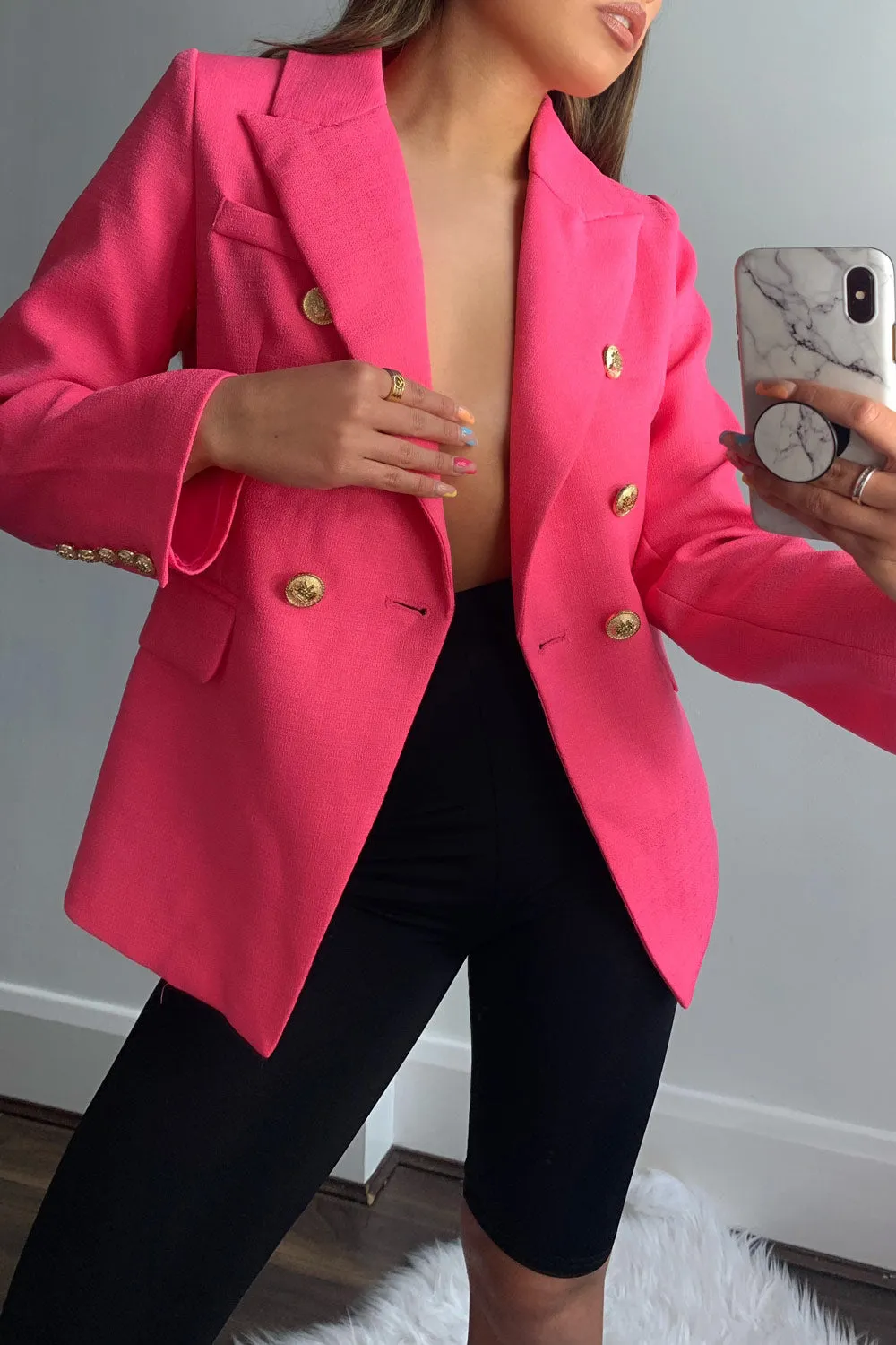 Molly Hot Pink Button Detail Textured Tailored Blazer