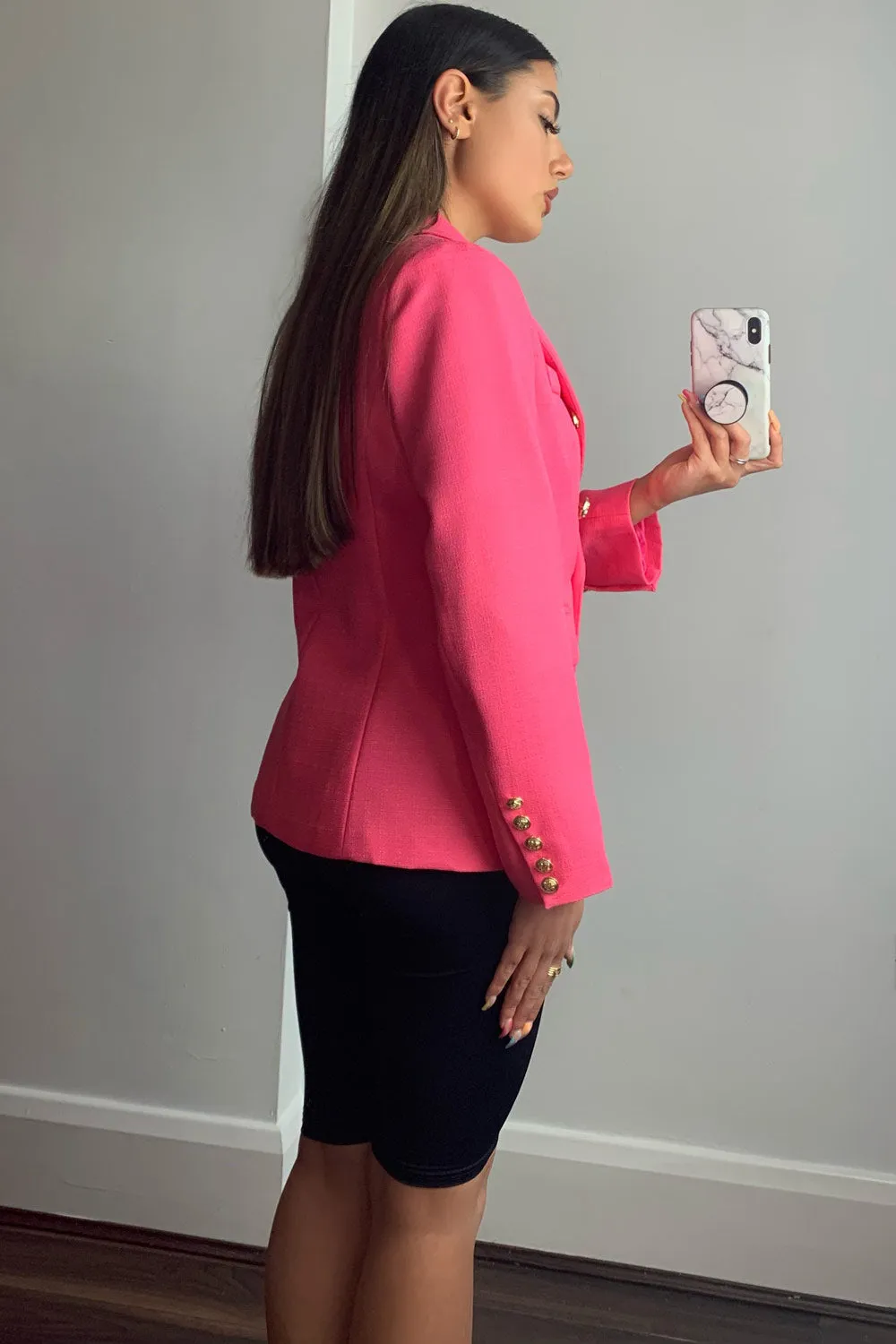 Molly Hot Pink Button Detail Textured Tailored Blazer