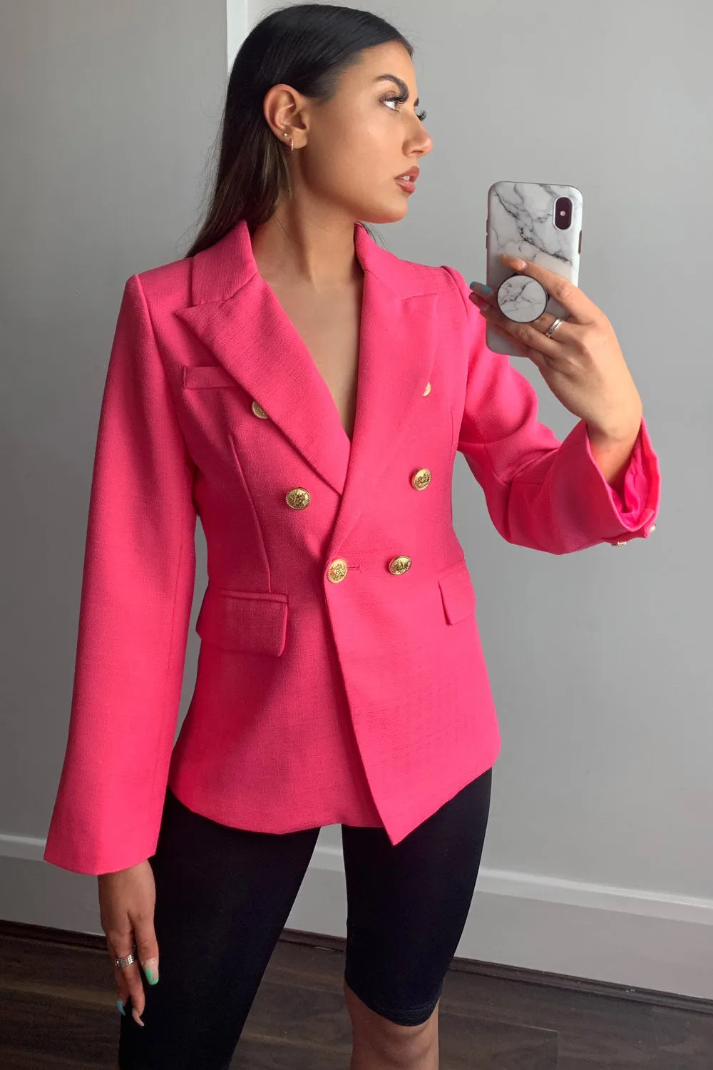 Molly Hot Pink Button Detail Textured Tailored Blazer