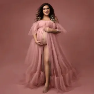 Mqtime Chic Pink Tulle Maternity Robe Photo Shoot Dress Sheer Tulle Long Off the Shoulder Baby Shower Women Dresses Maternity Gowns