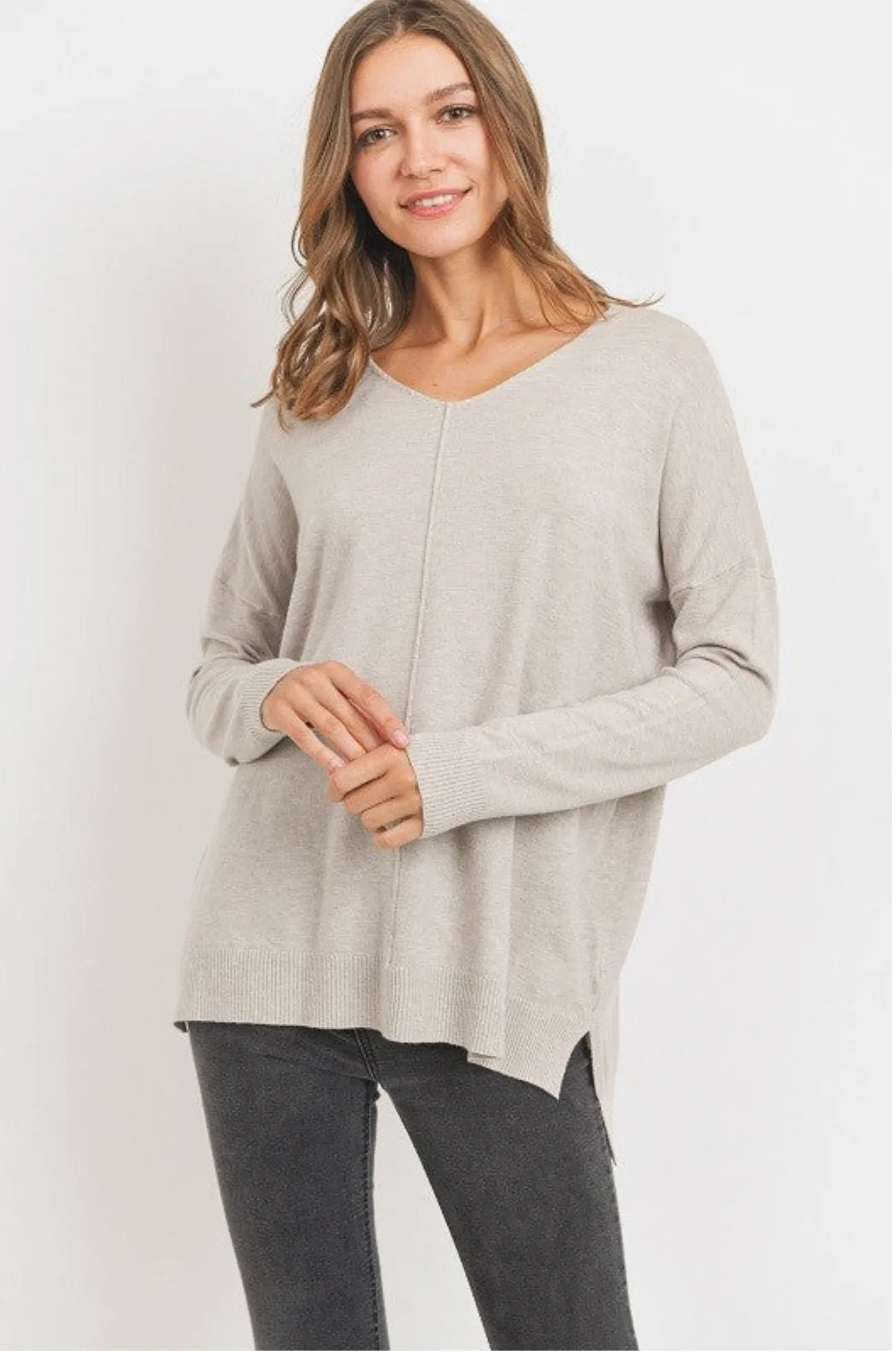 Oatmeal V Neck Tunic Sweater