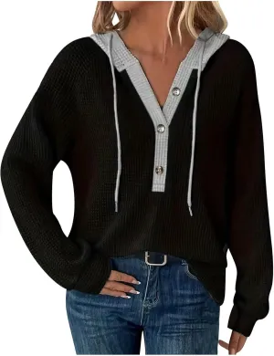 Oversized Hoodies for Women Soft V Neck Waffle Knit Hooded Sweatshirt Lightweight Fall Long Sleeve Pullover Sweaters
