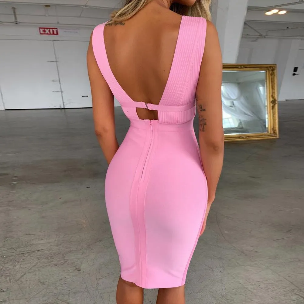 Pink Sleeveless V Neck Bandage Dress