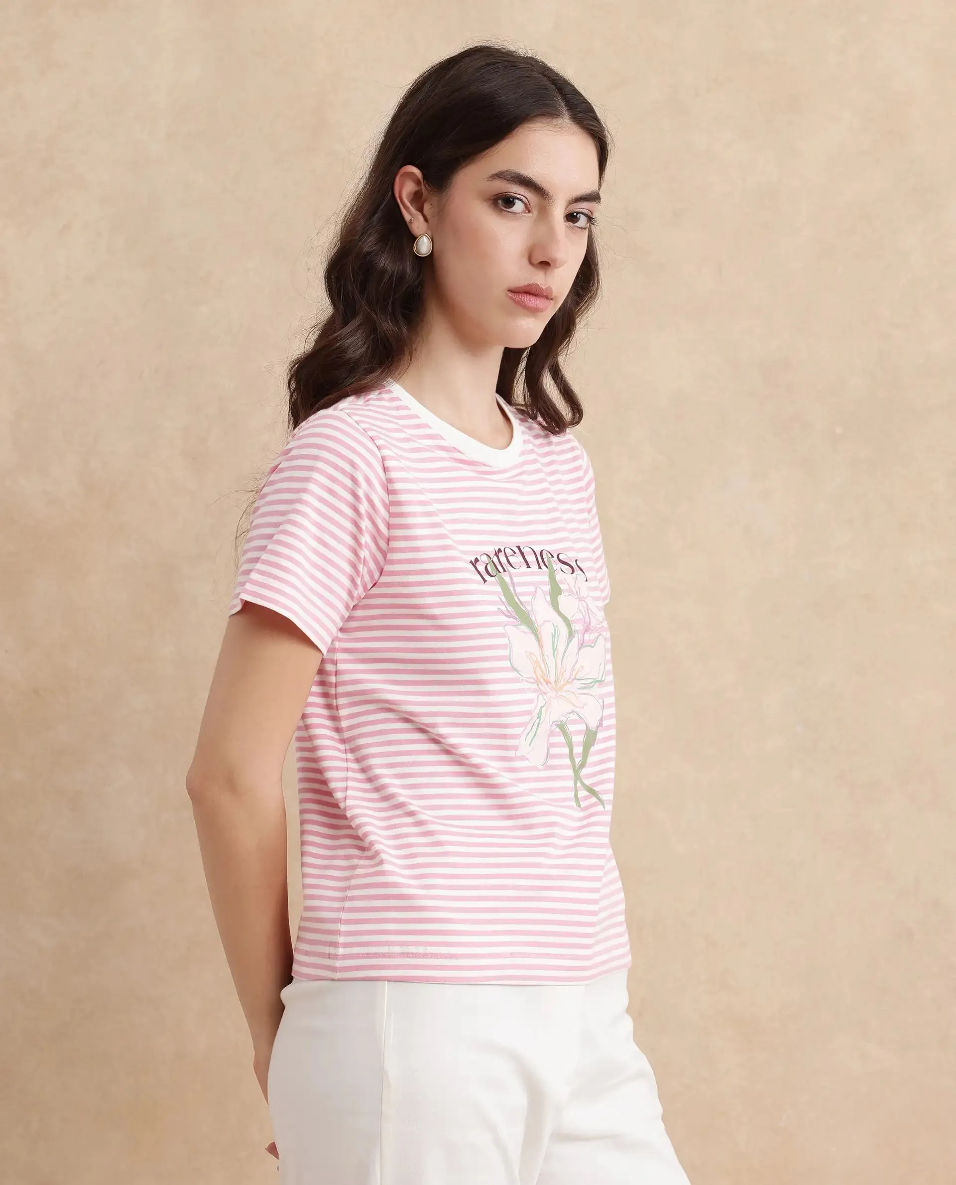 Rareism Women Robbin Light Pink Cotton Blend Fabric Short Sleeve Crew Neck Graphic Print T-Shirt
