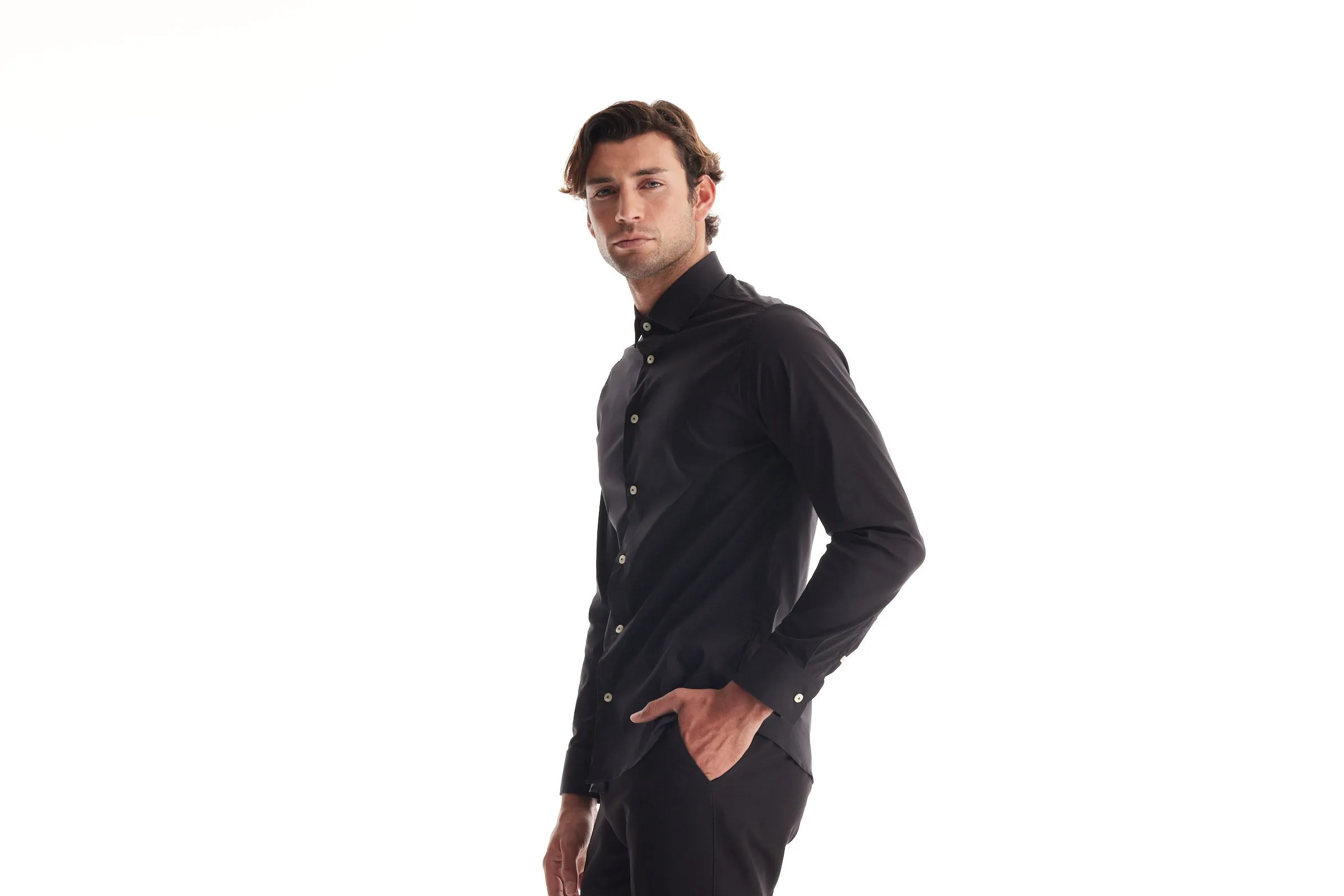 Soft Cloth Point Collar Shirt in Italian Woven Fabric - Black