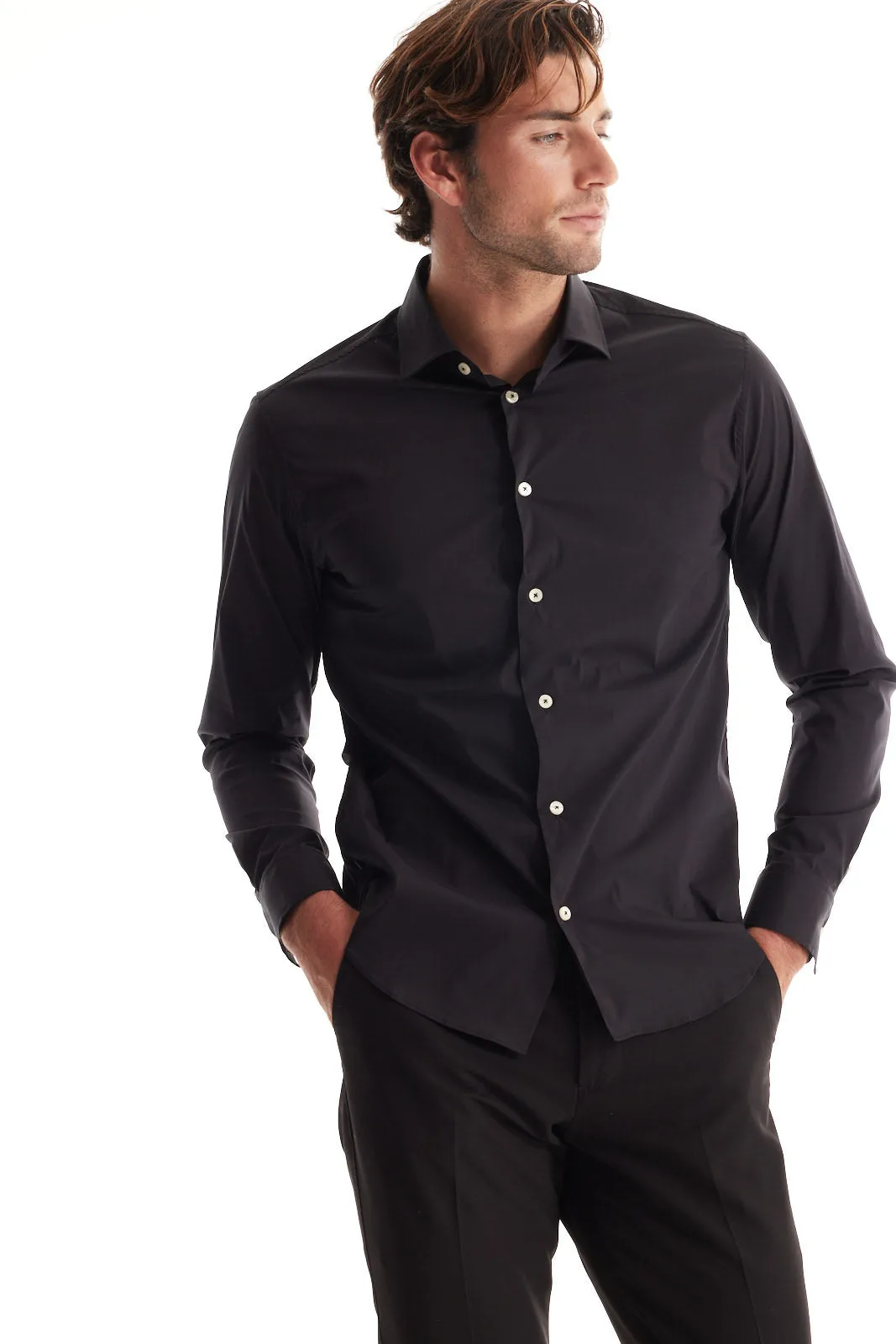 Soft Cloth Point Collar Shirt in Italian Woven Fabric - Black