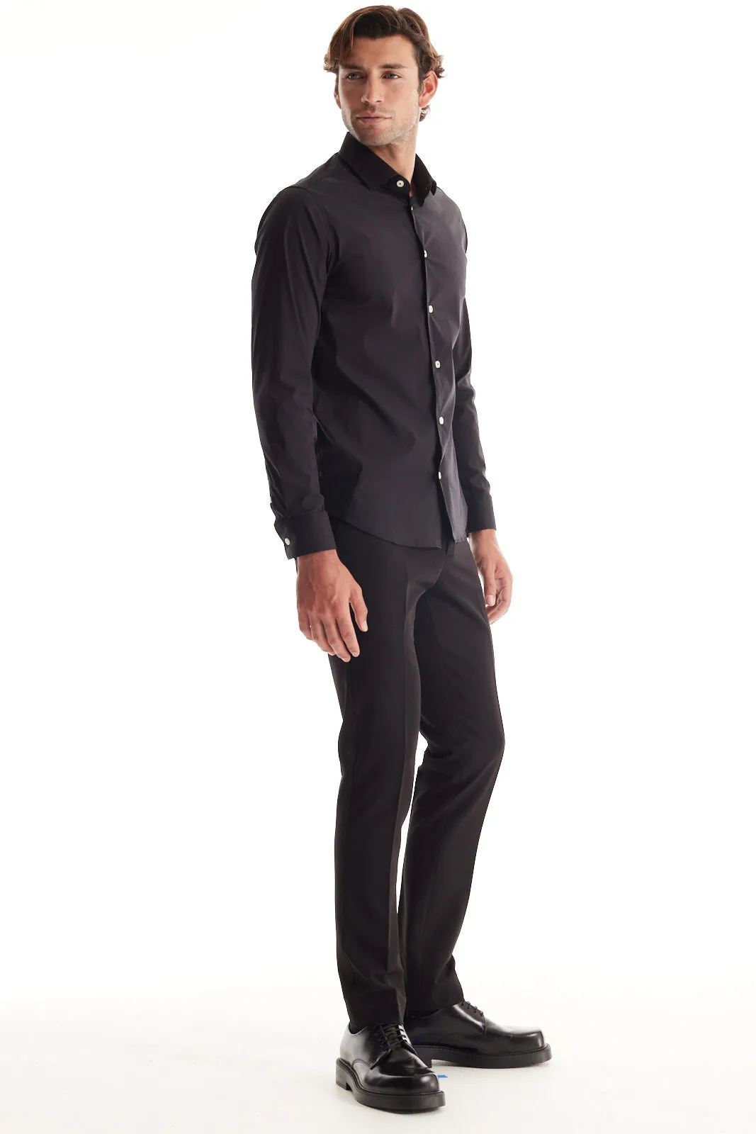 Soft Cloth Point Collar Shirt in Italian Woven Fabric - Black