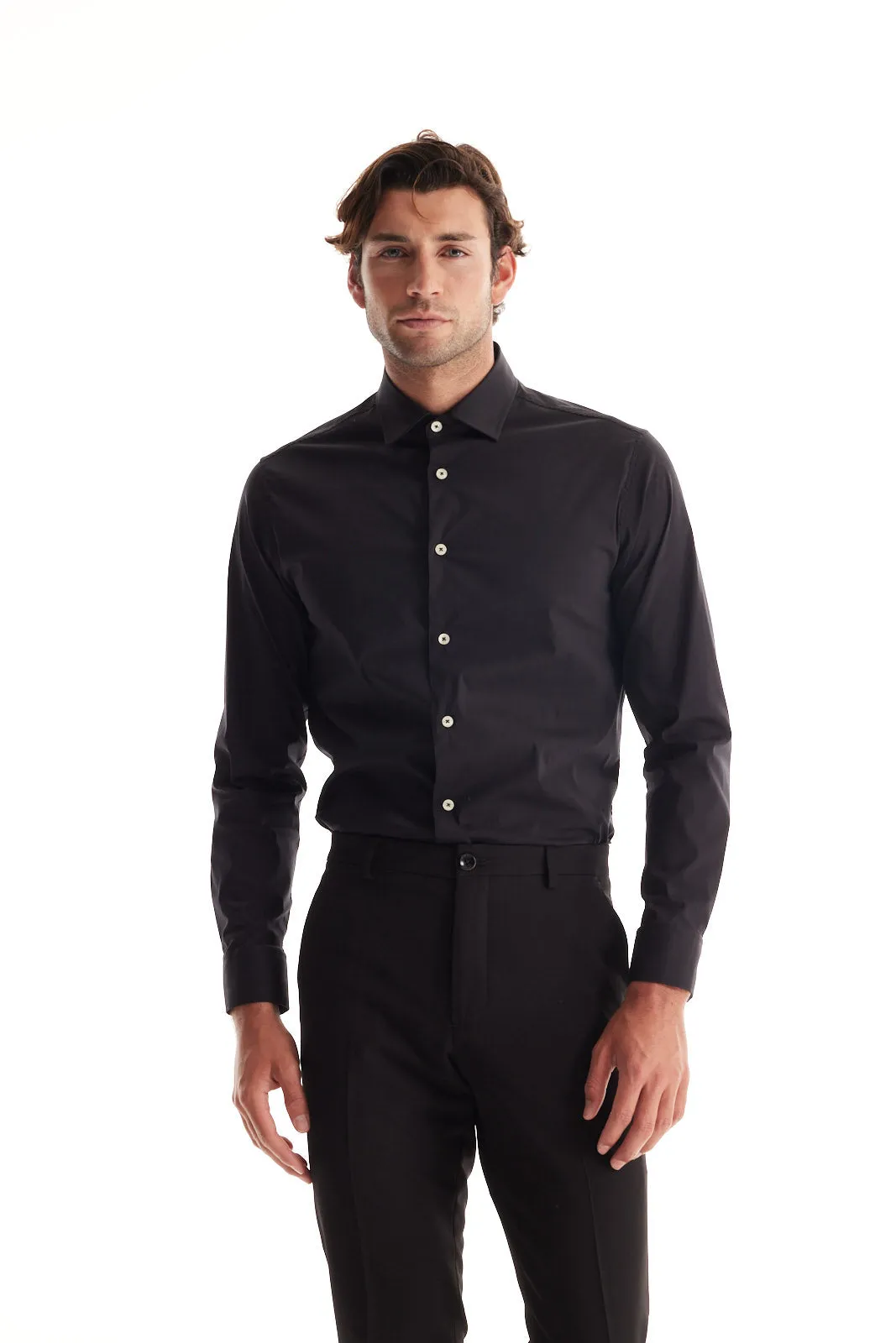 Soft Cloth Point Collar Shirt in Italian Woven Fabric - Black