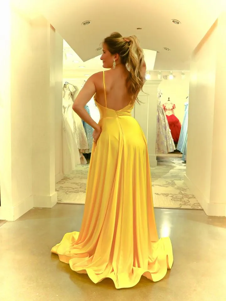 Spaghetti Long A-line Yellow Elastic Satin Prom Dresses, Simple Chic 2021 Prom Dresses