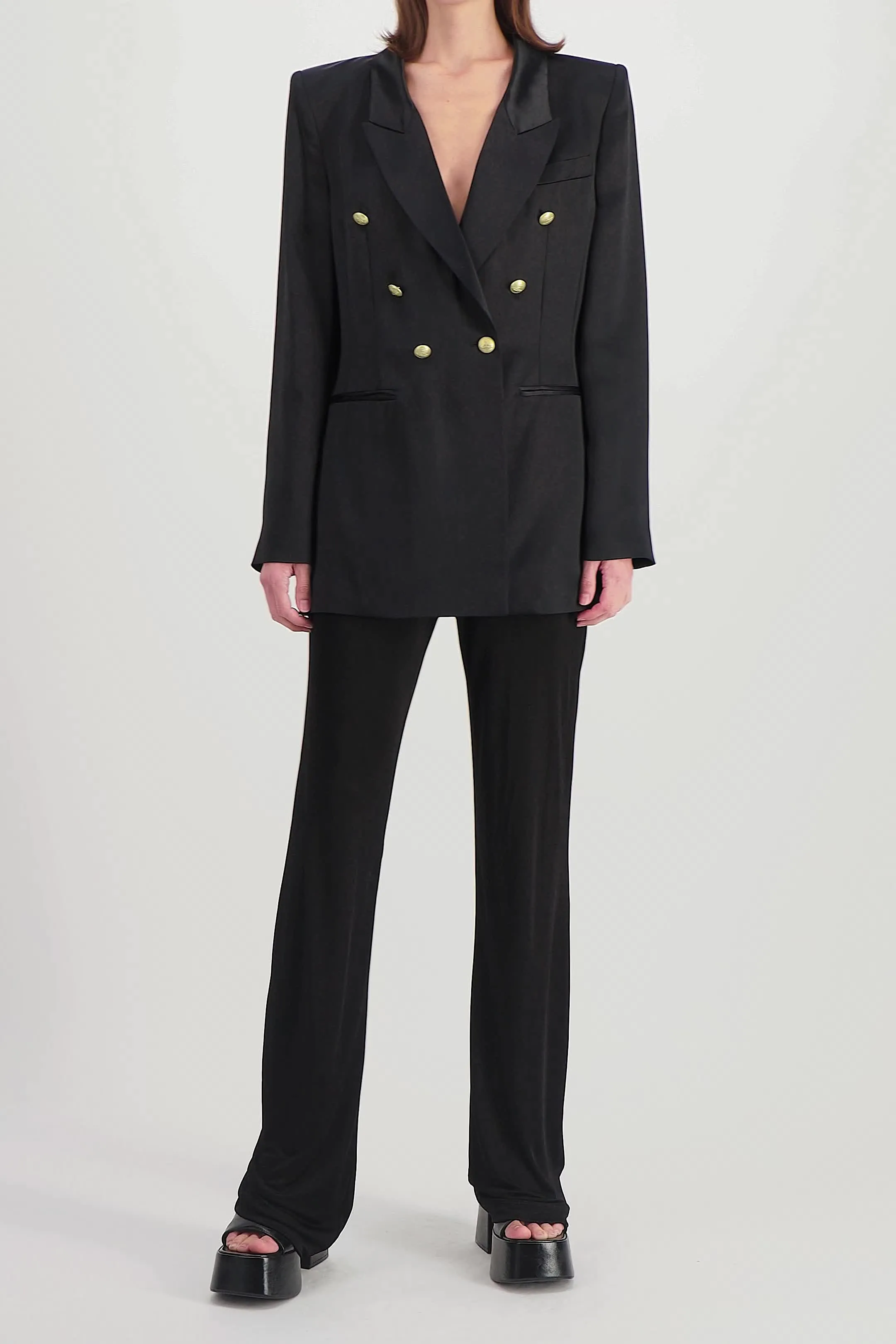 V-neck tailored satin blazer with golden buttons