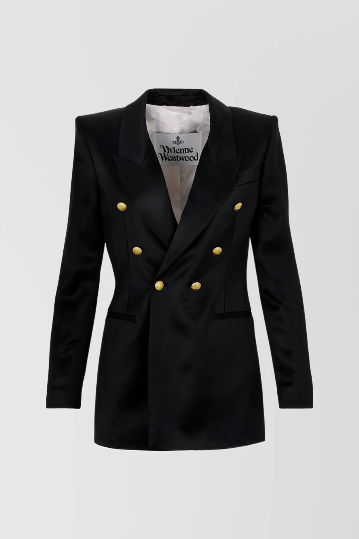 V-neck tailored satin blazer with golden buttons