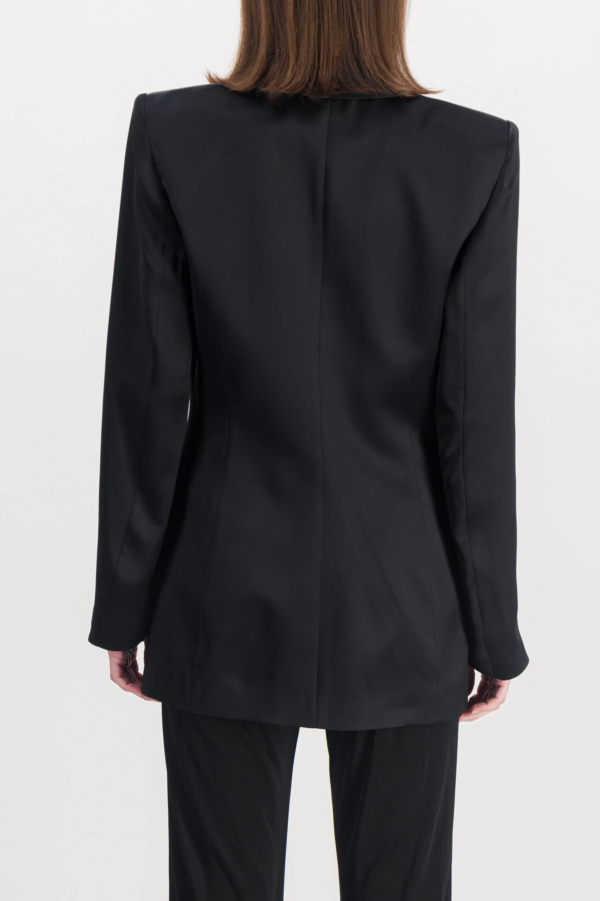 V-neck tailored satin blazer with golden buttons