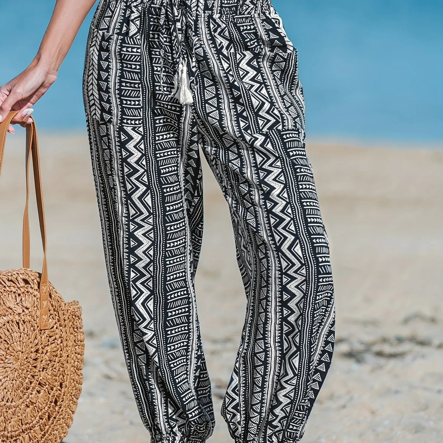 Vibrant Allover Print Pocket Joggers - High Waist, Loose Fit, Comfortable, Vacation-Ready Pants for Spring & Summer - Women's Stylish Clothing for Casual Outings