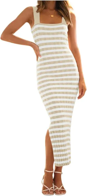 Womens Bodycon Midi Dresses Knit Striped Beach Dress Summer Casual Vacation Sundress Square Neck Sheath Dress