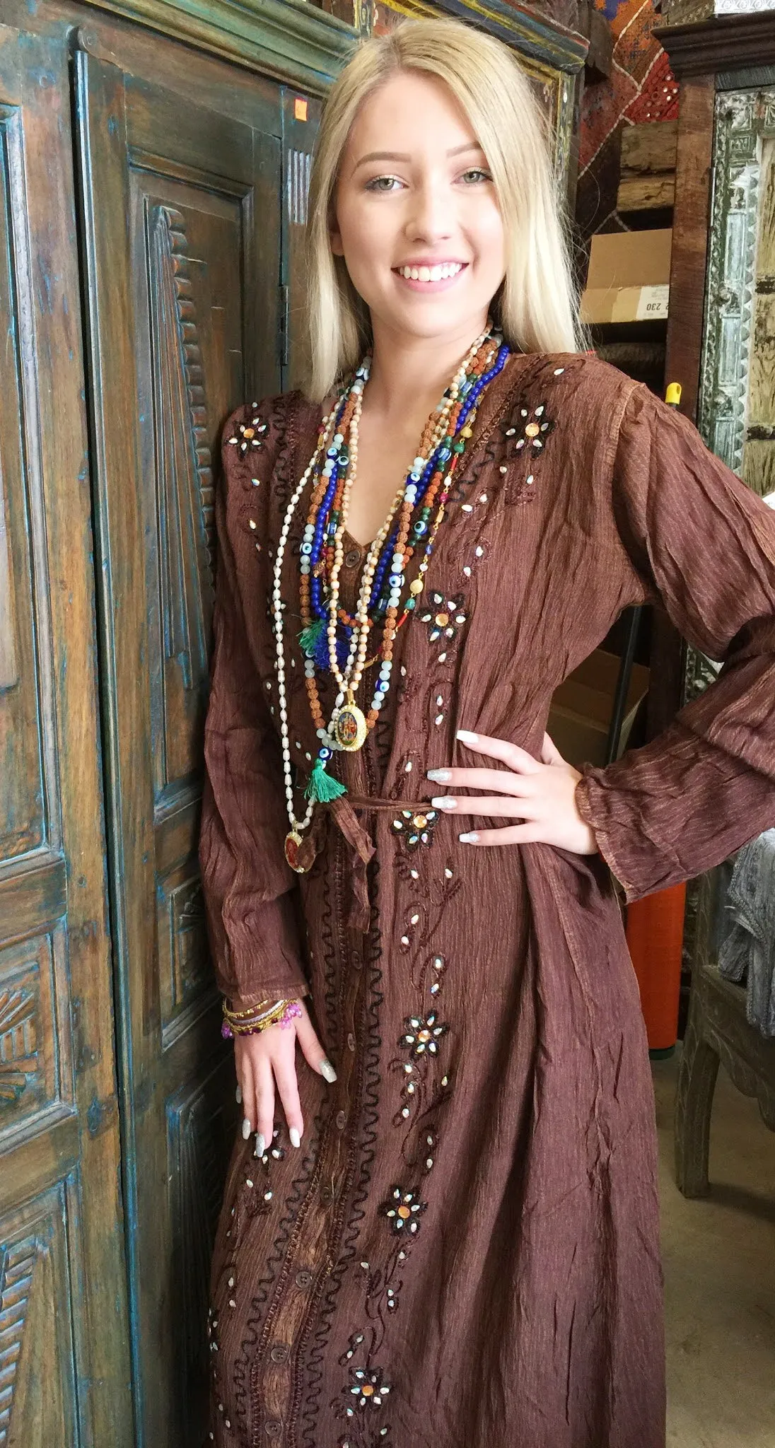 Women's Gothic Medieval Brown Embroidered Long Maxi Dress, Boho maxi dresses XL