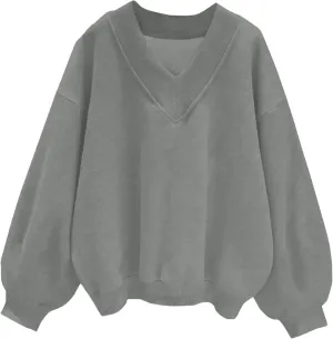 Womens Oversized Drop Shoulder Pullover Tops Trendy V Neck Solid Soft Sweatshirts Fall Long Sleeve Teen Girl Clothes
