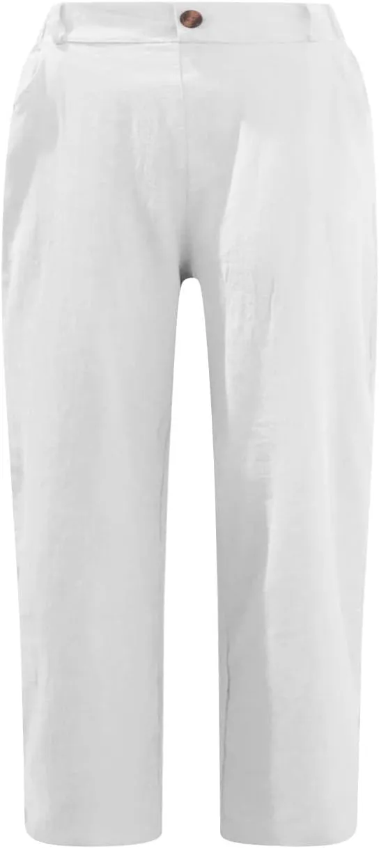 Women's Summer Capri Pants 2025 Cotton Linen Straight Leg Cropped Trousers High Waist Casual Pant with Pockets
