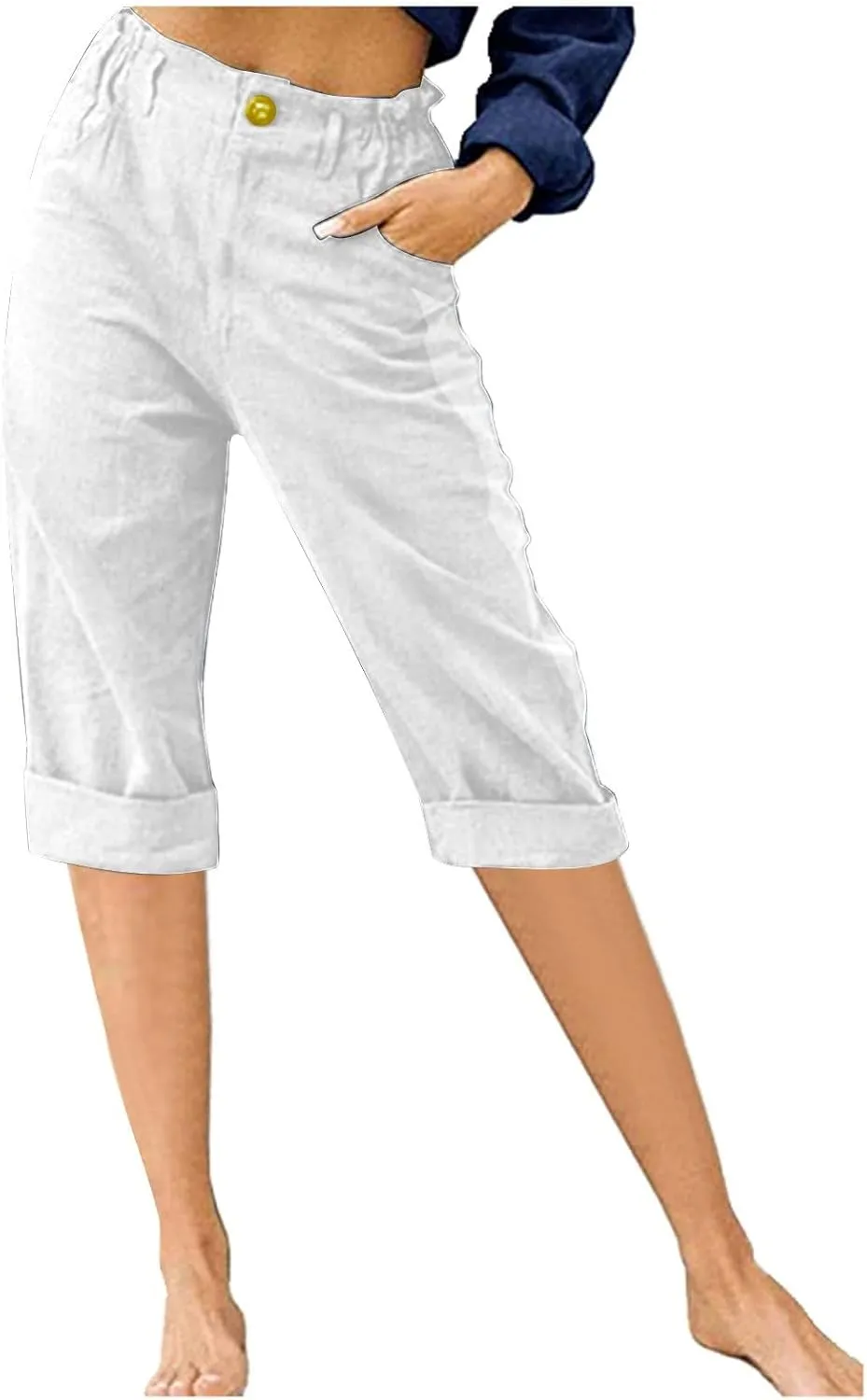 Women's Summer Capri Pants 2025 Cotton Linen Straight Leg Cropped Trousers High Waist Casual Pant with Pockets