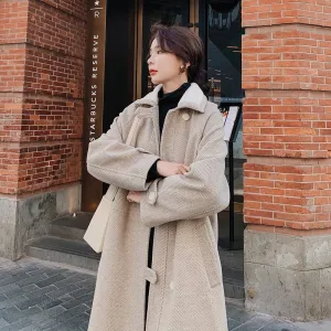 Woolen Mid-Length Loose Herringbone Women's Coat